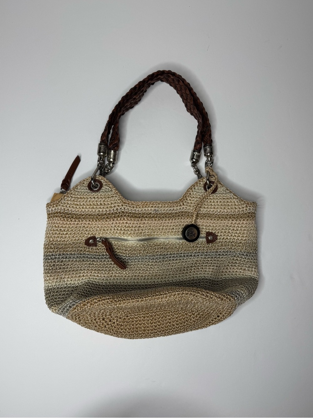 The Sak Indio Crochet Hobo Bag Neutral Stripe Knit Shoulder Purse